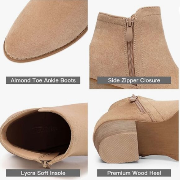 Women’s Faux Suede Ankle Boots, Chunky Low Heel Almond Toe Booties - Picture 4 of 5